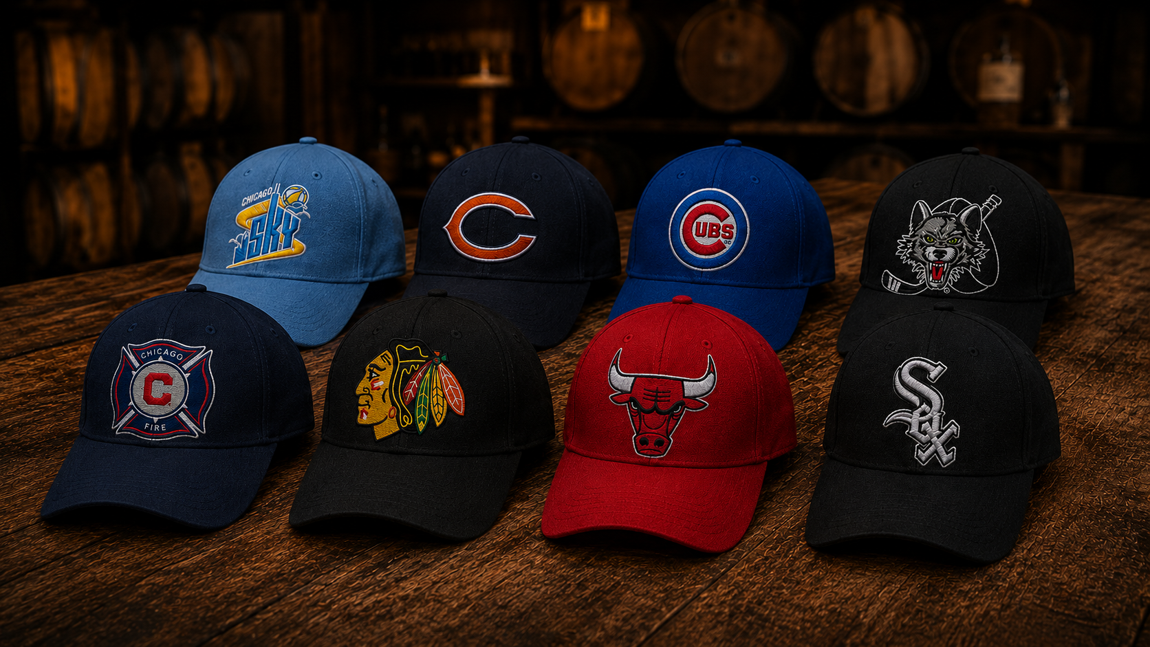 Chicago sports team hats displayed on a barrel — Bears, Cubs, Bulls, Blackhawks, White Sox, Sky, Fire, and Wolves